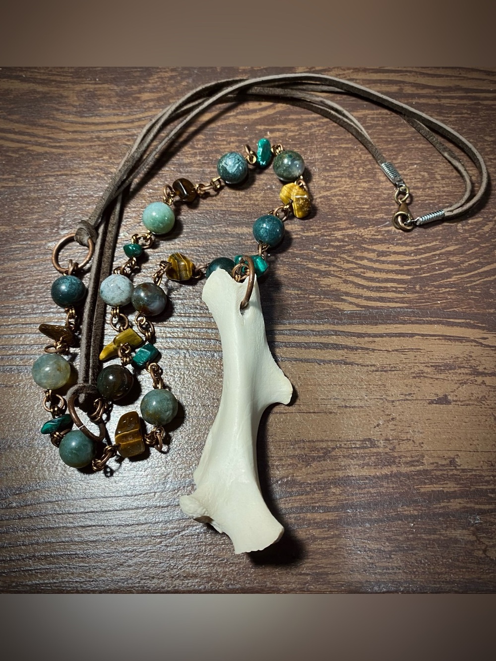 Armadillo bone, moss agate, tiger's eye malachite, Deerskin Leather necklace